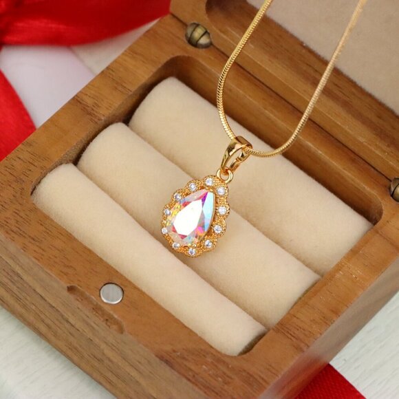 "Elegant Teardrop Rose Gold Pendant with Iridescent Stone Accent, XPPT1515 - Picture 4 of 11